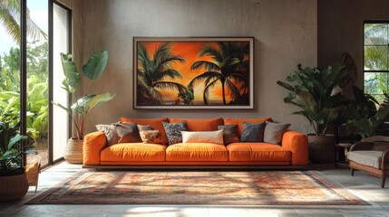 Poster - Eclectic interior with a beachside feel sunsettoned cushions tropical artwork featuring palm trees and vintage furniture creating a bold mix of vibrant summer colors and nostalgic relaxed decor