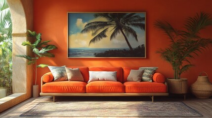 Fototapete - Eclectic interior with a beachside feel sunsettoned cushions tropical artwork featuring palm trees and vintage furniture creating a bold mix of vibrant summer colors and nostalgic relaxed decor