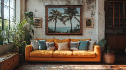 Fototapete - Eclectic interior with a beachside feel sunsettoned cushions tropical artwork featuring palm trees and vintage furniture creating a bold mix of vibrant summer colors and nostalgic relaxed decor