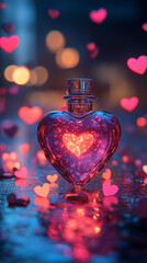 Wall Mural - A close-up shot of a heart-shaped glass bottle filled with glowing. softly blurred bokeh lights. The atmosphere is romantic and enchanting, evoking the spirit of Valentine's Day.