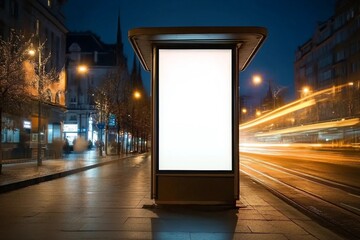 Wall Mural - Vertical billboard. In the night city at the bus stop.