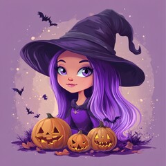Fototapete - Light purple witch cartoon character halloween mode