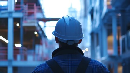 Poster - Construction worker surveys city project site at dusk