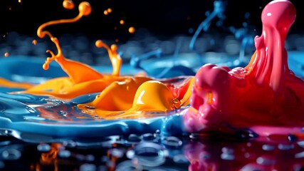 Poster - Vibrant liquid paint splashing and mixing in slow motion on black background