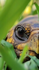 Poster - Close-up of tortoise eye through green foliage, wildlife macro photography concept