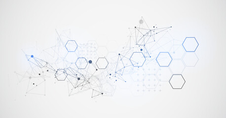 Leinwandbilder - Abstract scientific vector background. Light gray gradient of hexagons of different shapes with plexus effect.