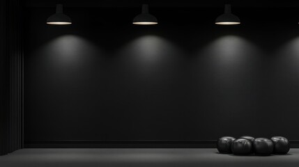 Poster - Dark room, spotlights, blank wall, fitness balls, product display