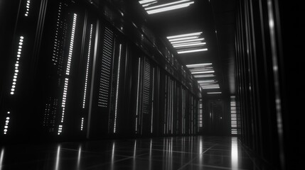 Poster - Dark server room corridor; glowing lights; data center; background technology