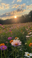 Sticker - Colorful wildflower field at sunset with vibrant blooms and a picturesque sky