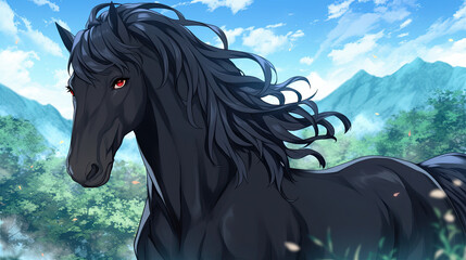 Black horse with long mane standing in front of a mountain in a misty valley during a cloudy day in nature landscape