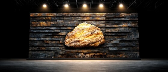 Poster - Large rock positioned on wall in dark room with studio lighting and natural colors for realistic effect