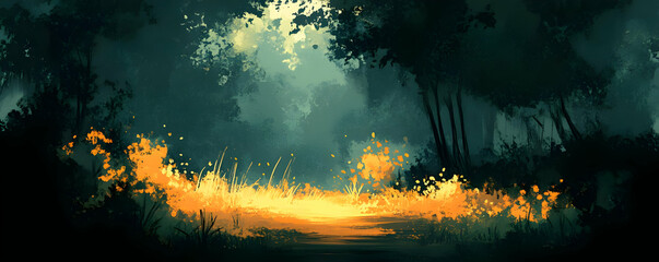 Sticker - Forest fire path, dark trees. Fantasy art