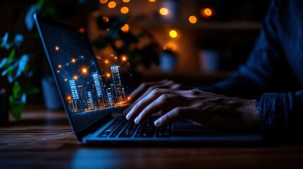 Aufkleber - Close up of hands typing on a laptop with a city skyline displayed on the screen in a modern workspace