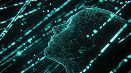 Aufkleber - Digital head profile, data streams, dark background, AI concept