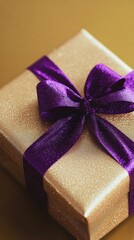 Wall Mural - Golden gift box with purple ribbon against a festive background filled with bokeh lights