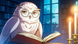 © unseentuy - Curious anime owl wearing glasses sitting on a table reading a book with a thoughtful expression and surrounded by various objects in a cozy room setting