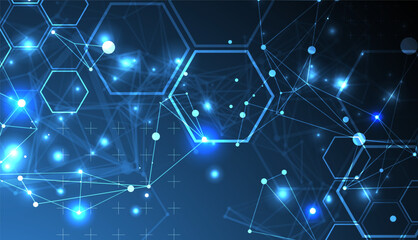 Leinwandbilder - Abstract scientific vector background. Interweaving on a dark blue gradient of hexagons of different shapes with a plexus effect.