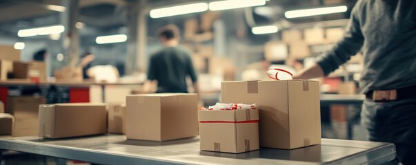 Poster - Warehouse Workers Efficiently Package Cardboard Boxes for Shipping and Distribution