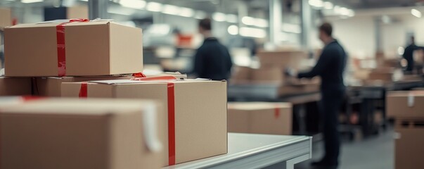 Poster - Efficient Warehouse Packaging: Cardboard Boxes Conveyed on a Conveyor Belt System, Workers Prepare for Shipping