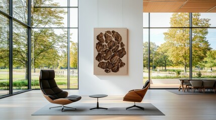 Poster - Large window with modern abstract painting hanging on white wall in bright and spacious interior setting