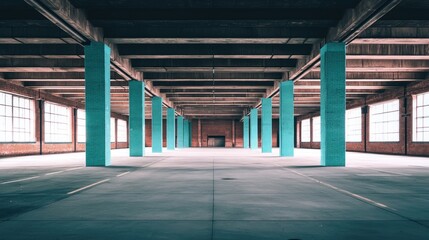 Aufkleber - Empty teal-columned warehouse, industrial setting, sunlight, urban background, real estate