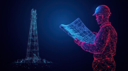 Poster - Engineer reviewing blueprints, oil rig background, digital art, industry