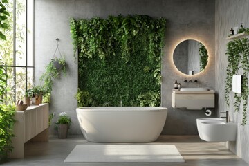 Wall Mural - Modern bathroom with natural elements and large windows showcasing greenery outside