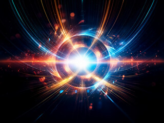 Poster - Abstract image of bright orb of light in center, radiating blue and orange energy lines and rings on a dark backdrop, resembling an explosion or portal.