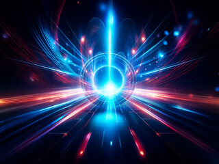 Poster - Glowing blue ring encircled by radiating light streaks on a dark reflective surface.  The scene evokes a sense of futuristic technology and speed.