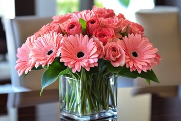 Wall Mural - Elegant pink tulips arranged in a clear vase on a modern kitchen counter during daylight