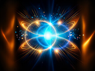 Poster - Abstract glowing orb with rings emits radiating light beams in blue, white, and orange against a dark backdrop, creating an energetic and vibrant visual effect.