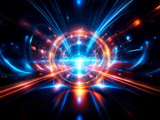 Poster - A luminous golden ring, emitting vibrant orange and blue light streaks, floats above a dark reflective surface.  The central core pulses with energy, creating a mesmerizing futuristic effect.