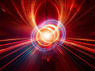 Poster - Abstract digital artwork features a vibrant central orb emitting radiant light, surrounded by concentric rings and dynamic lines that converge towards the bright core, creating a sense of energy and m