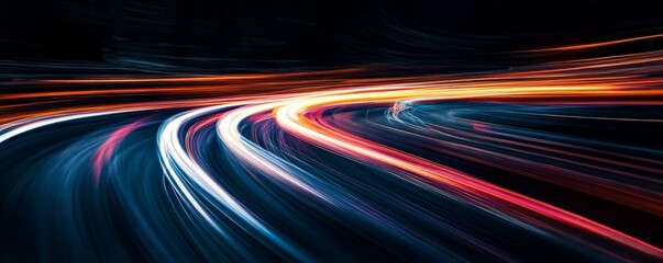 Poster - Light trails on a curving road at night, energy and motion concept