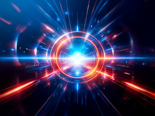 Poster - Vibrant abstract image of a light tunnel. Glowing blue and orange lines converge at a bright center, creating a sense of energy and speed.