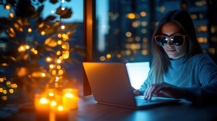 Poster - Woman wearing sunglasses using a laptop computer in a bright outdoor setting