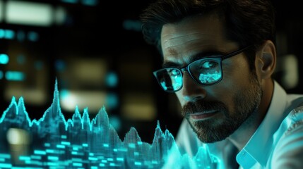 Poster - focused man analyzing data, digital graphs, dark office
