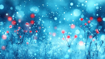 Poster - Frosty red flowers, winter bokeh, nature scene, website banner