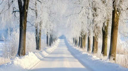 Poster - Frosty road winter trees snowy landscape sunrise travel