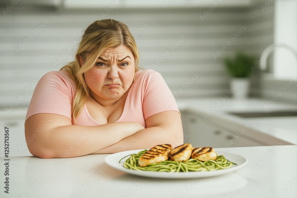 Woman looking frustrated at zoodles and grilled chicken representing challenges of low-carbohydrate diet and weight loss. Concept focuses on low-carbohydrate diet and emotional struggle