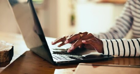 Poster - Remote work from home, hands and woman with computer, internet and online order for client. Closeup, freelancer and entrepreneur with laptop, website info and email notification with app for invoice