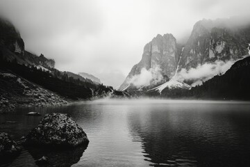 Wall Mural - Serene lake surrounded by mountains and grassland in a cloudy atmosphere