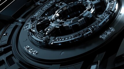 Poster - Futuristic mechanism rotates, dark background, tech design, website banner