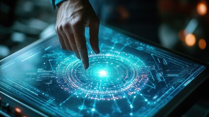 Leinwandbilder - Futuristic tablet interface, hand touch, dark workshop, glowing display, tech demo