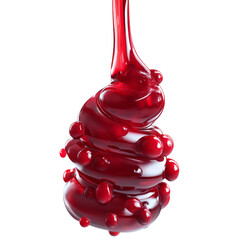 A glossy, swirling form of red liquid drips downward, showcasing smooth curves and vibrant color with small droplets clinging to its surface.