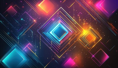 Poster - Vibrant Neon Squares Illuminate Abstract Digital Art Background with Glowing Lines and Cosmic Dust
