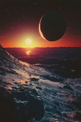 Wall Mural - sunset on a barren desert landscape at night, featuring celestial bodies like the moon and a distant