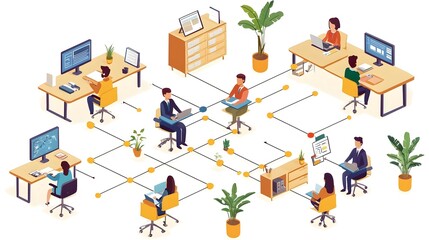 Poster - Conceptual of an office structure showcasing the management various departments and the roles and responsibilities of staff members within a collaborative workflow and organizational hierarchy