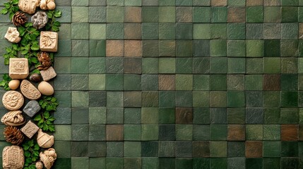 Poster - Close-up of a textured green tile wall featuring various types of rocks and weathered stone surfaces