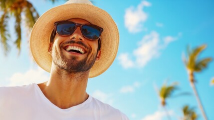 Wall Mural - Happy man in sun hat against tropical sky. Perfect for vacation lifestyle, summer travel, and holiday happiness content.